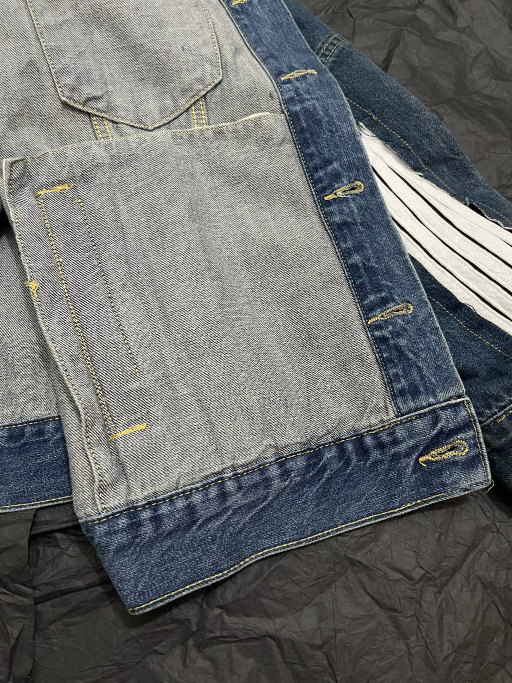 Balenciaga CUT- UP Men's Spring/fall Fashion Casual Washed Vintage Knit Fabric Lapel Single Breasted Denim Jacket With Zipper Or Button Closure Pair With Relaxed Fit Slouchy Jeans Suit Set #79511