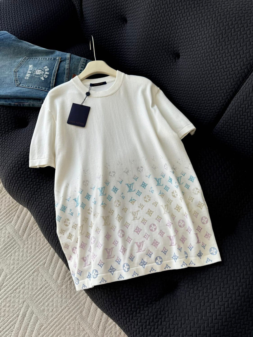 Louis Vuitton Men's Summer Colorful Diamond Letters Gradient Pattern Solid Color Round Neck Short Sleeve T-shirt #75656