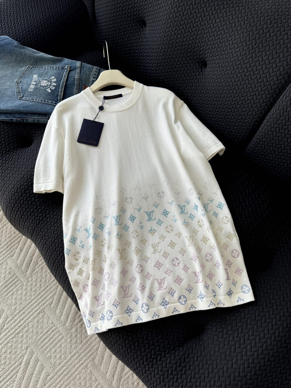Louis Vuitton Men's Summer Colorful Diamond Letters Gradient Pattern Solid Color Round Neck Short Sleeve T-shirt #75656