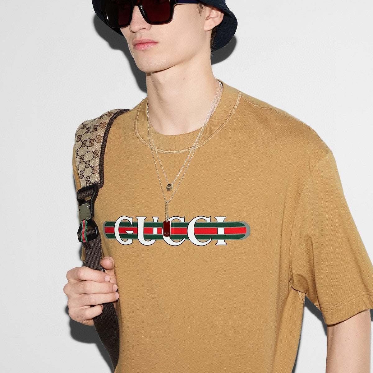 Gucci Men's Summer Solid Color Letter Print Round Neck Drop Shoulder Short Sleeve T-shirt #76313