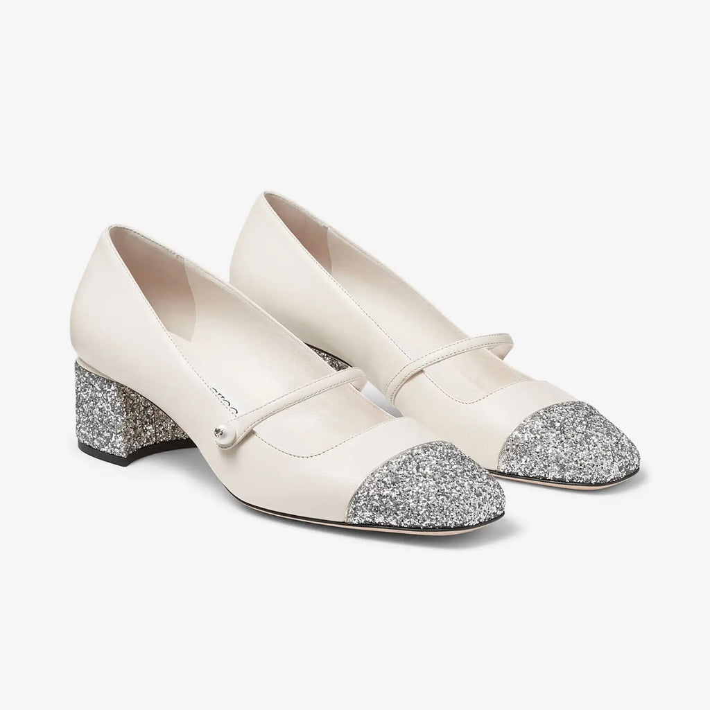 JIMMY CHOO ELISA 45 Women's Spring/Fall Fashion Classic Square Toe Slip On Chunky Heel High-Heel Two Tone Pearl Mary Jane Shoes #79448