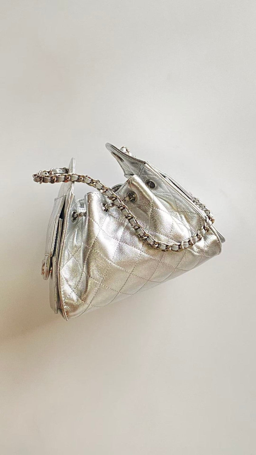 Chanel 25 Women's Mini Handbag Metallic Grained Embossed Calfskin And Silver Metal Silver #332929