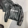 Balenciaga Men's Spring And Fall Monogrammed Black Zipper Long Sleeve Leather Biker Jacket Leather Pants Suit Set #73678