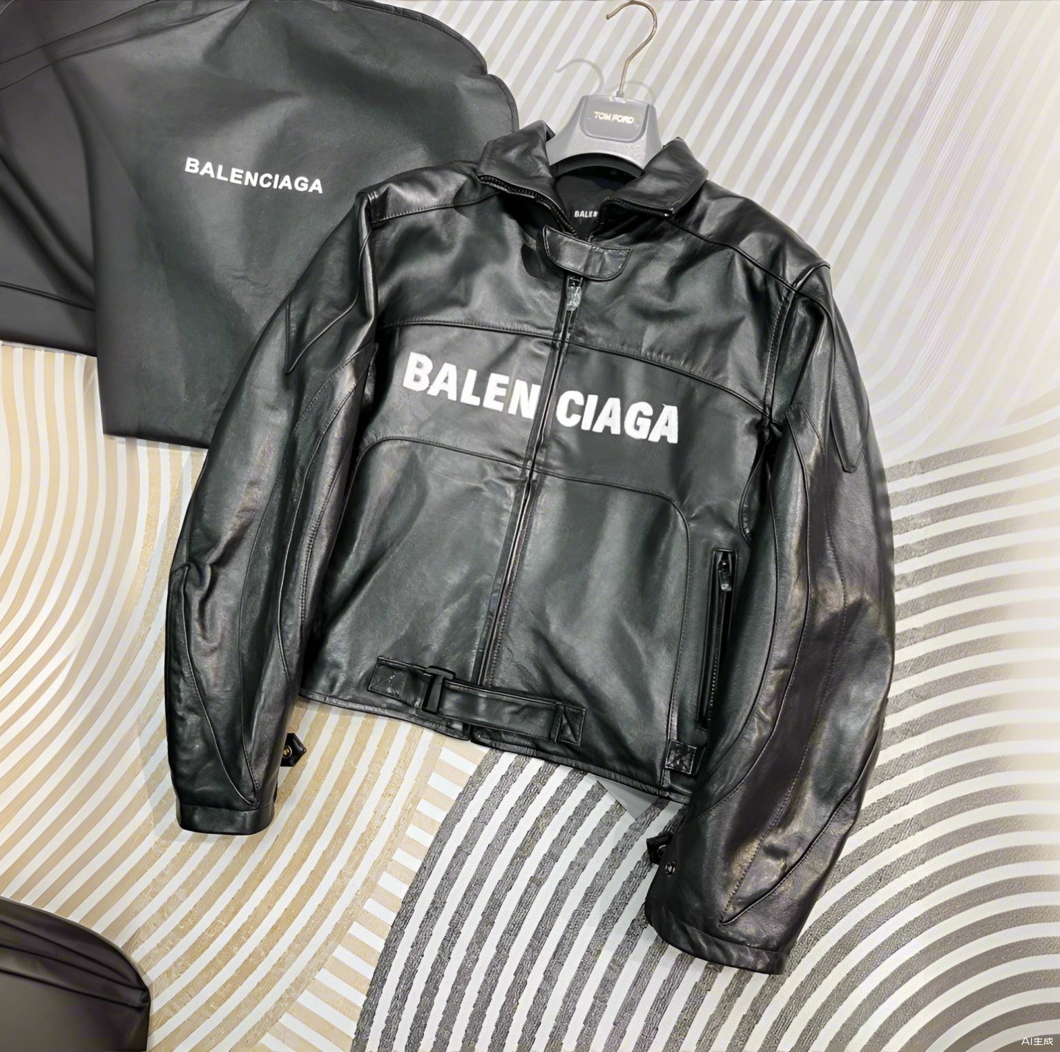 Balenciaga Men's Spring And Fall Monogrammed Black Zipper Long Sleeve Leather Biker Jacket Leather Pants Suit Set #73678