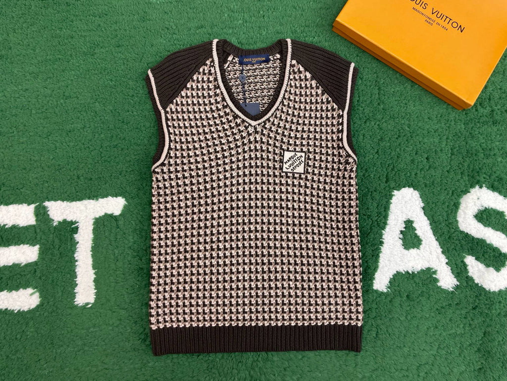 Louis Vuitton Men's Spring/Summer Brown Jacquard Cotton V-Neck Sleeveless Knitted Vest Sweater #77199
