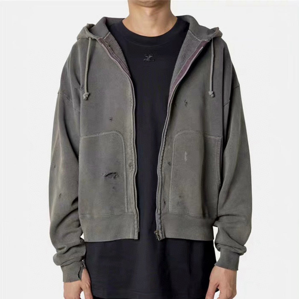 Saint Michael Men's Spring And Autumn Cotton Multi-Pocket Zipper Casual Long Sleeve Solid Color Destruction Washed Hooded Sweatshirt Ngvp #7942