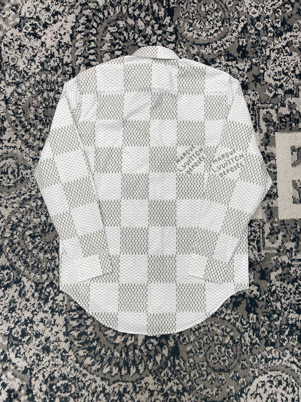 Louis Vuitton Men's Summer White Letter Check Printed Lapel Single Breasted Long Sleeve Shirt #99211