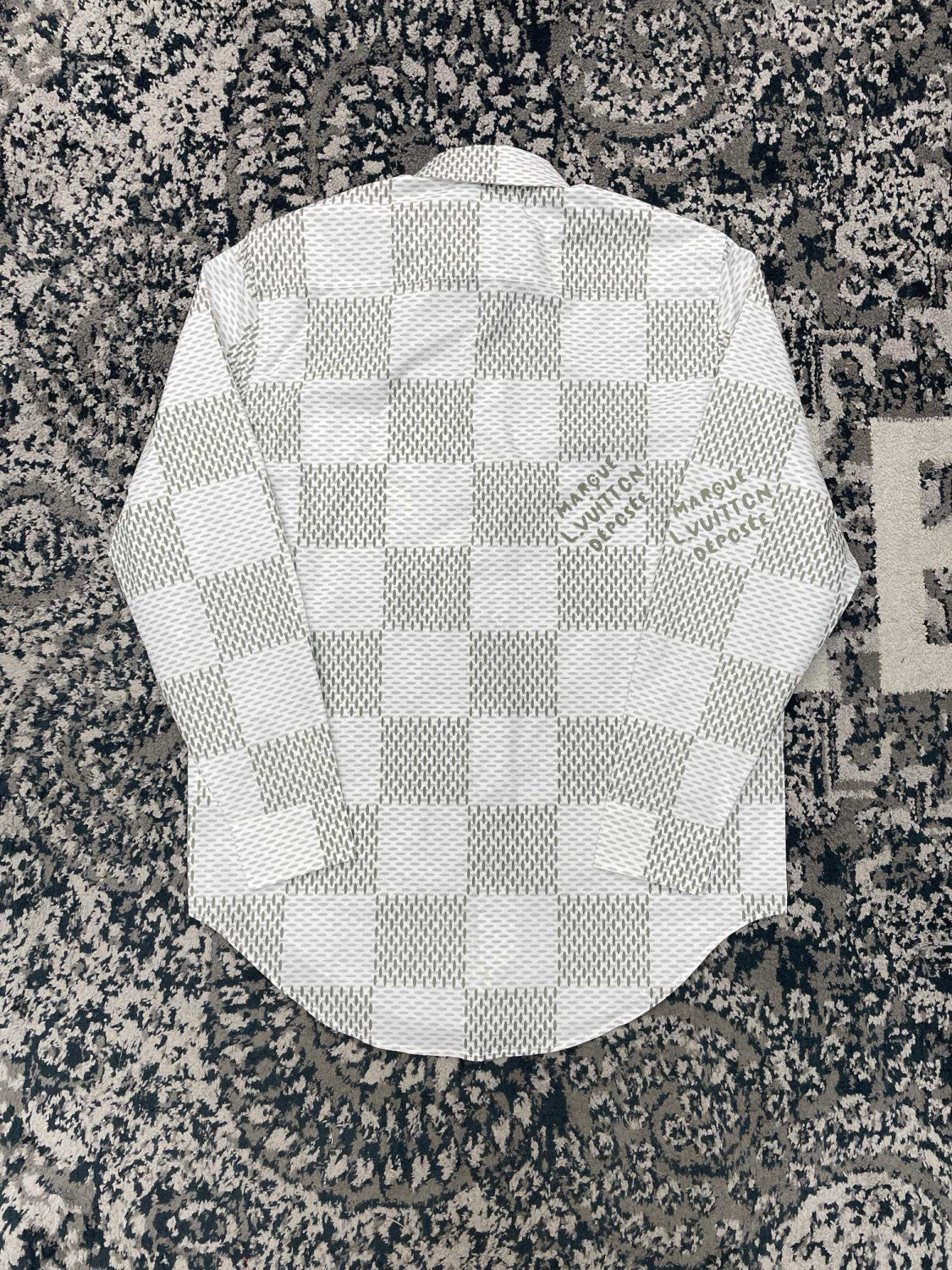 Louis Vuitton Men's Summer White Letter Check Printed Lapel Single Breasted Long Sleeve Shirt #99211