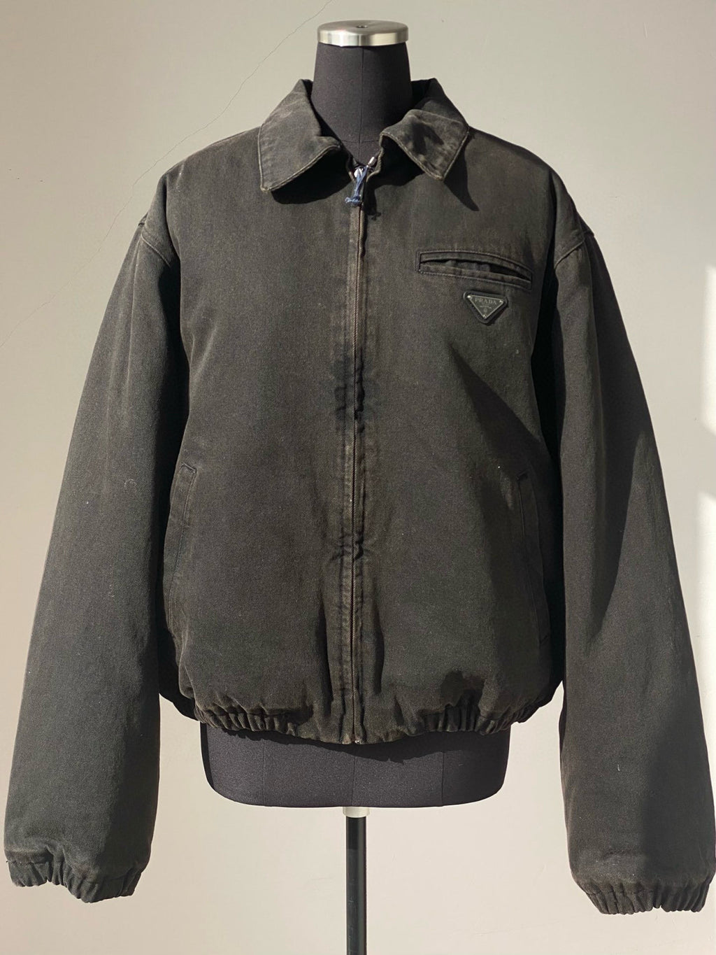 Prada Men's Autumn and Winter Solid Color Logo Applique Zipper Loose Denim Jacket #74971