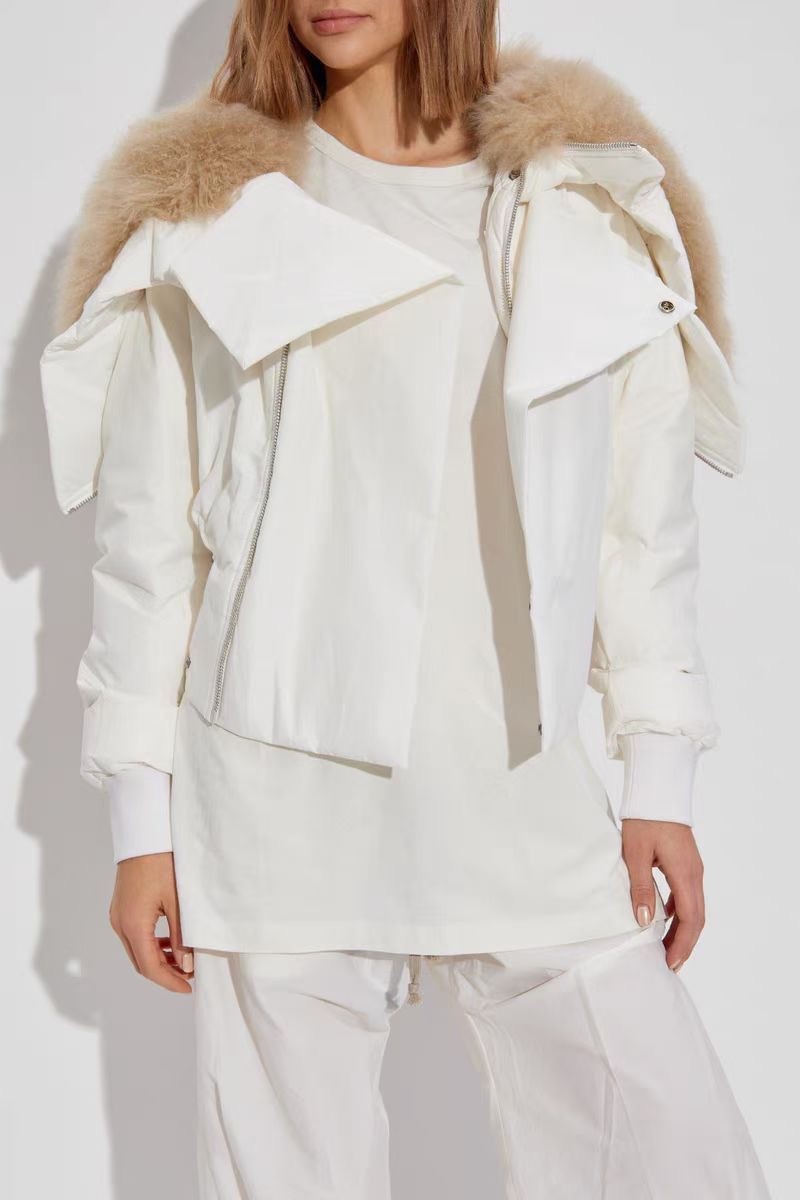 Moncler x Rick Owens Men's Women's Autumn And Winter Large Fur Collar Removable Trend High Street White Down Jacket Zip Hooded Jacket Ngvp #9794