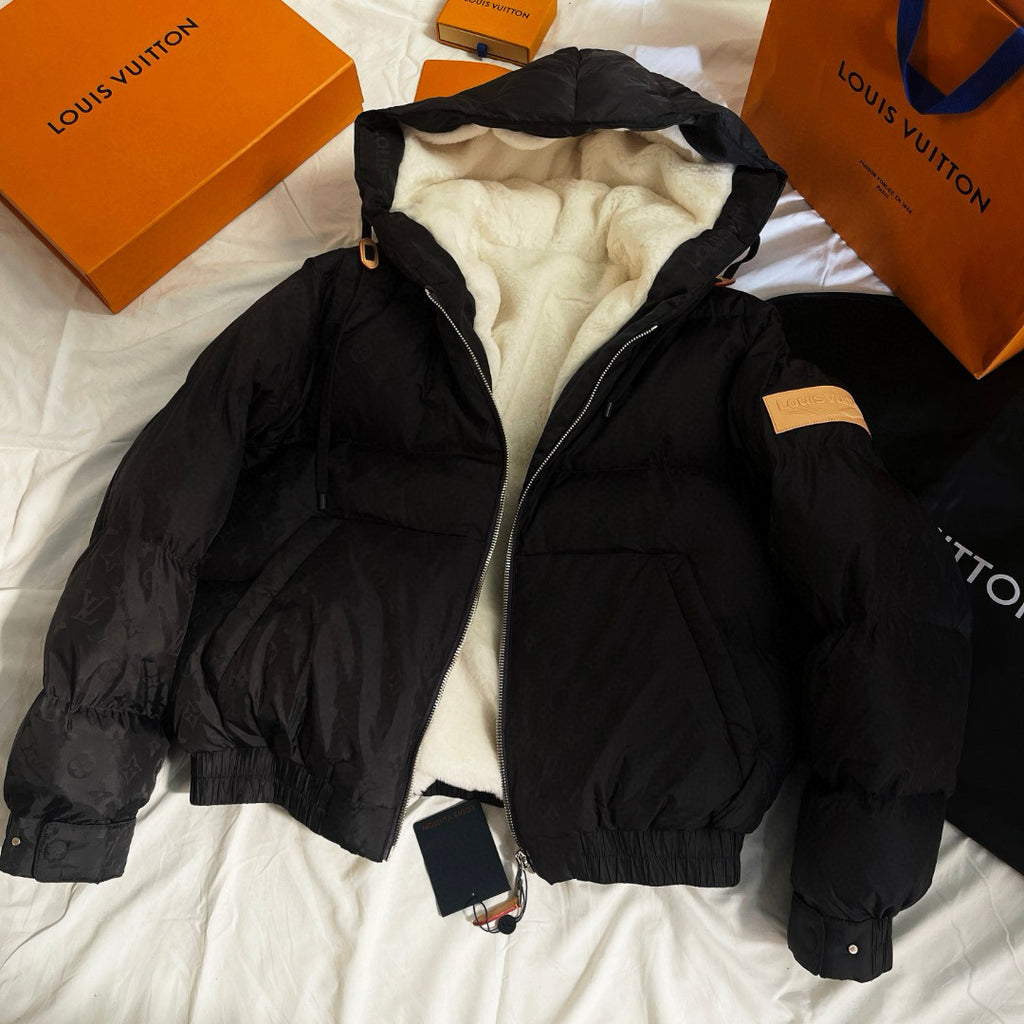 Louis Vuitton Men's Fall and Winter Letter Logo Print Drawstring Hooded Plush Lined Cotton Jacket #75554