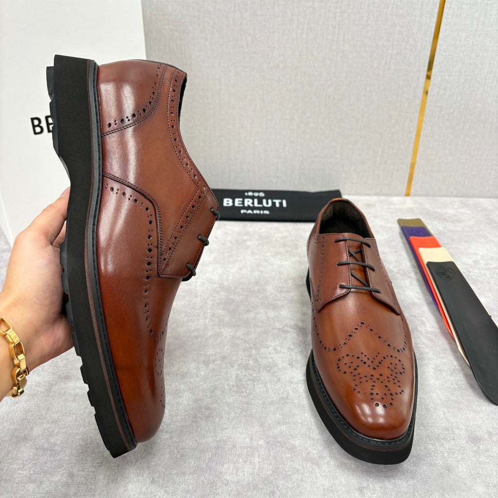 Berluti Alessio Natural Men's Spring/Fall Fashion Classic Leather Brogue Oxford Shoes with Thick Rubber Sole Calfskin Derby Shoes #78573