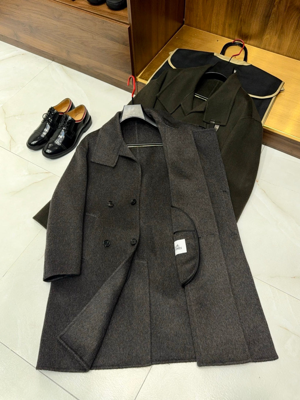 Hermes Men's Large Lapel Wool Slightly Wide Version Long Cashmere Coat #333099