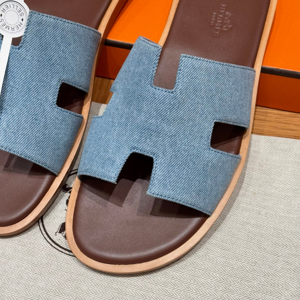 Hermes  Men's Summer Izmir Sandals Embroidered Leather Cowboy Round Toe Flat Casual Slippers Shoes #81317
