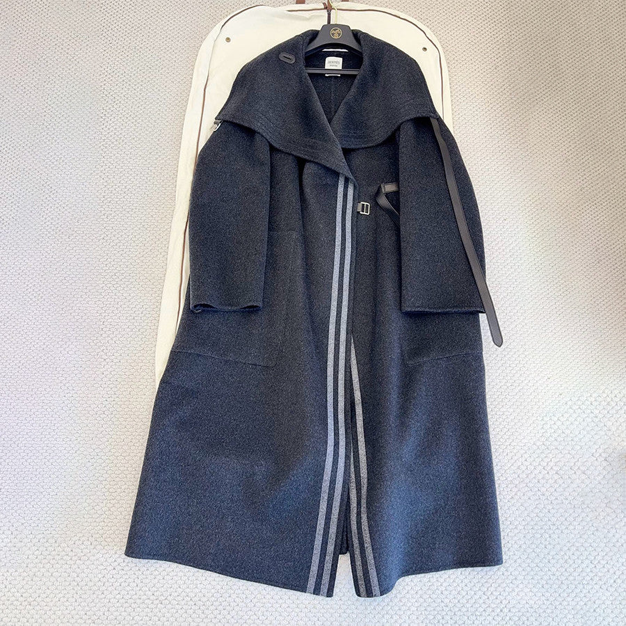 Hermes Men's And Women's Reversible Double-Faced Wool-Cashmere Blend Stand Collar Long Coat Jacket Ngvp #2578