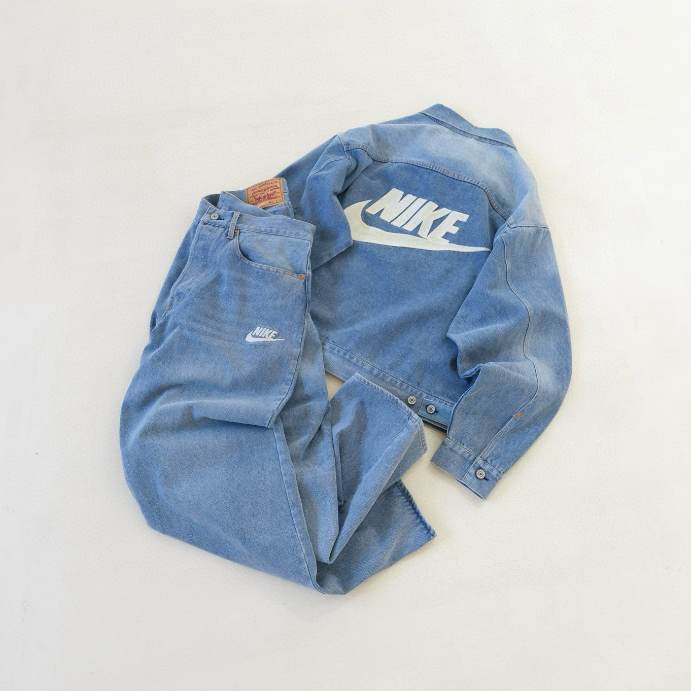 Nike x Levi's Men's Spring/fall Fashion Casual Loose Fit Single Breasted Collared Double Pocket Denim Jacket Letter Printed Loose Fit Casual Denim Pants Suit Set #78496
