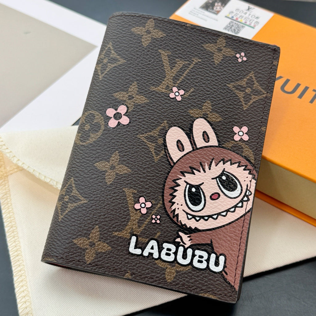 Louis Vuitton Labubu Pattern Printed Flip-Top Brown Leather Wallet Passport Holder with Letter Print Bag Bags #77788