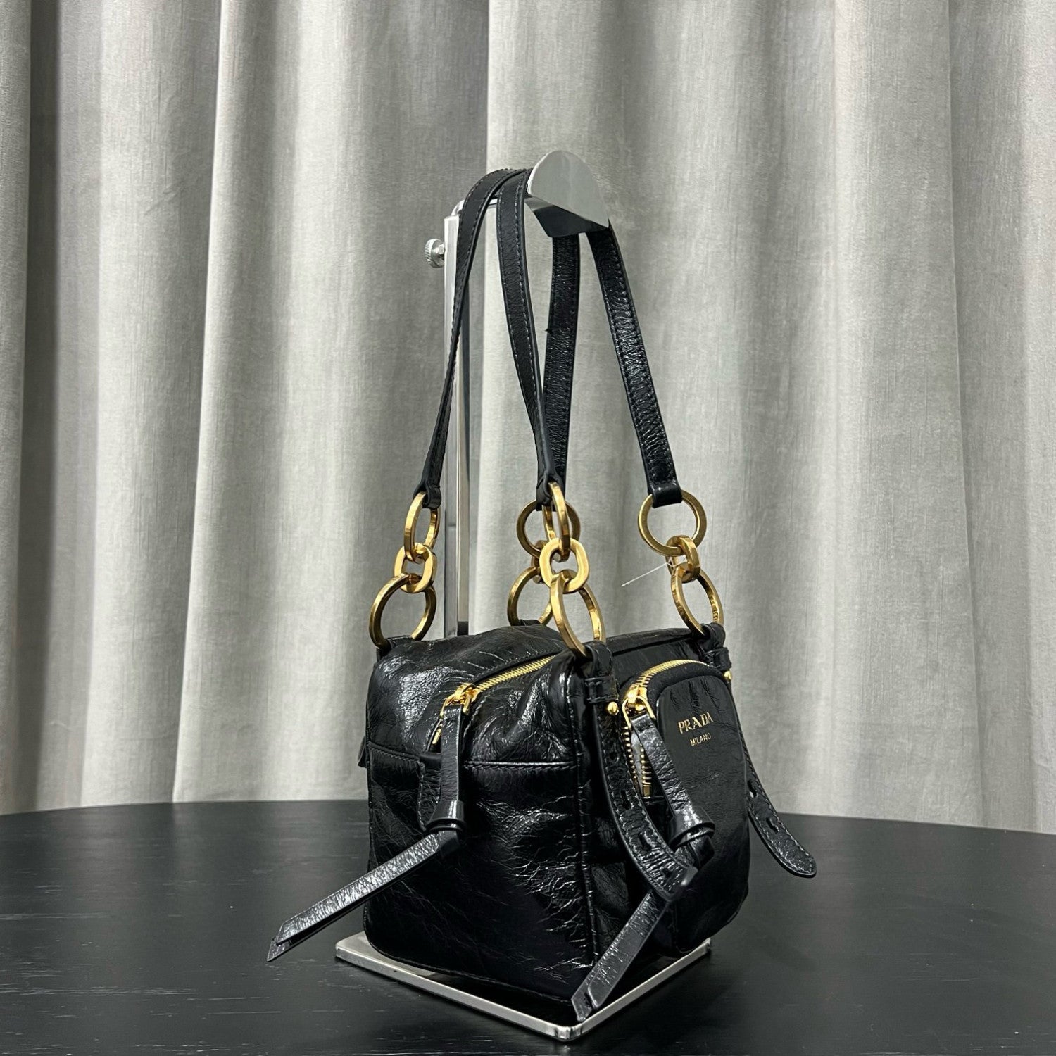 Prada Dangle Women's Black Letter Print Zipper Closure Cowhide Leather Mini Shoulder Bag Bags #75499