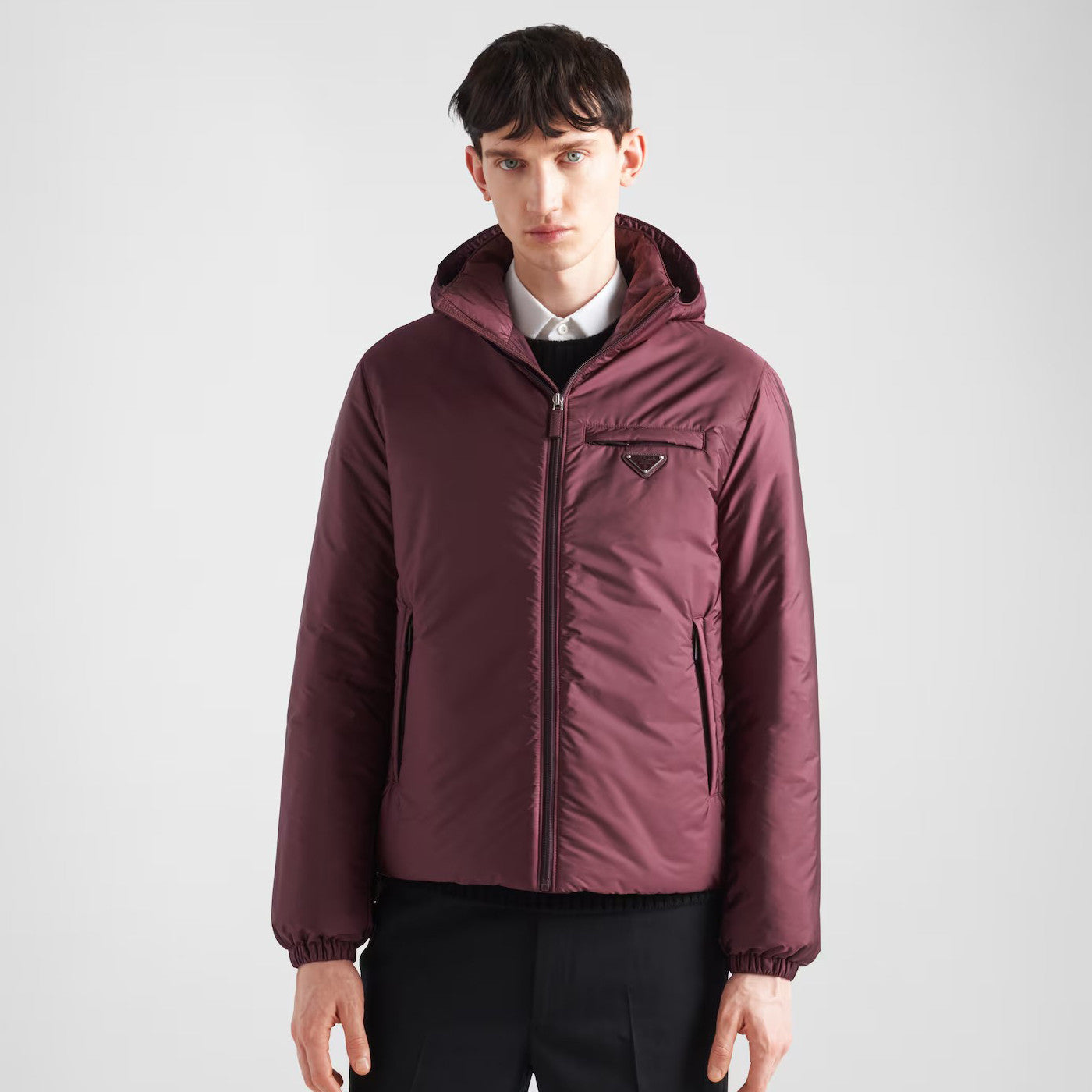 Prada Men's Autumn and Winter Solid Color Single Breasted Hooded Nylon Puffer Down Long Sleeve Jacket #73912