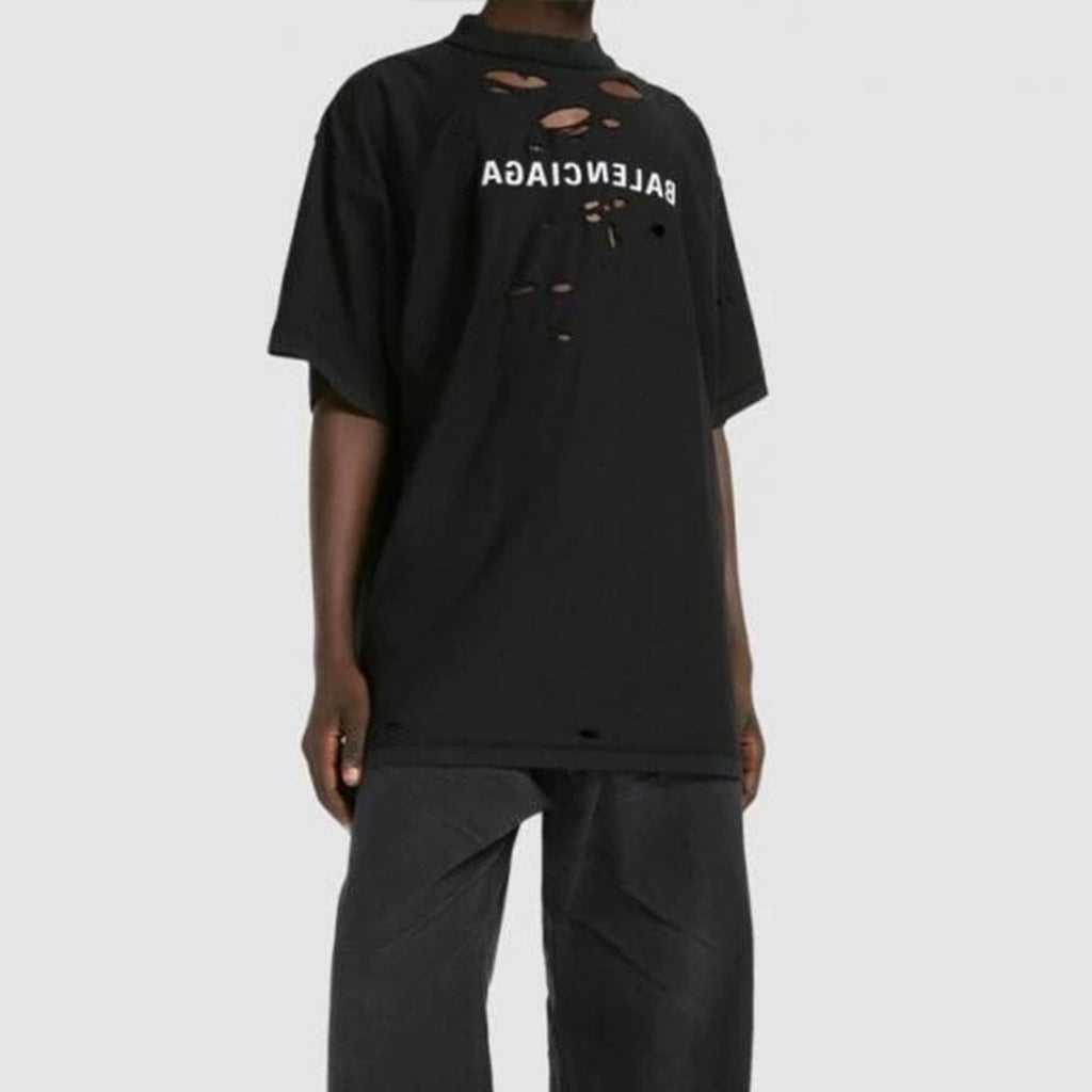 Balenciaga Men's Women's Summer Black Retro Torn High Street Large Silhouette Letter Logo Short Sleeve T Shirt #99292