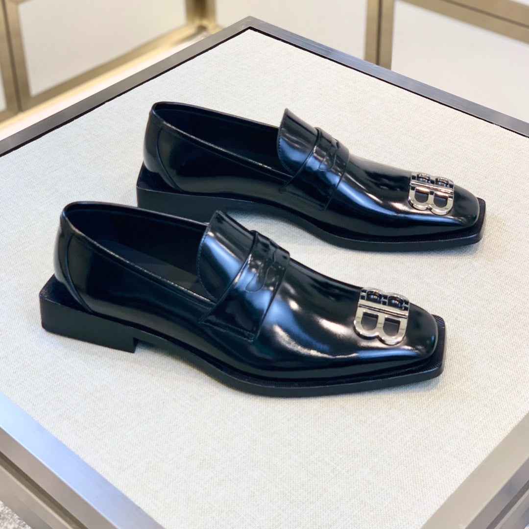 Balenciaga Men's Solid Colour Square Toe Metal BB Logo Cowhide Leather Shoes #77218
