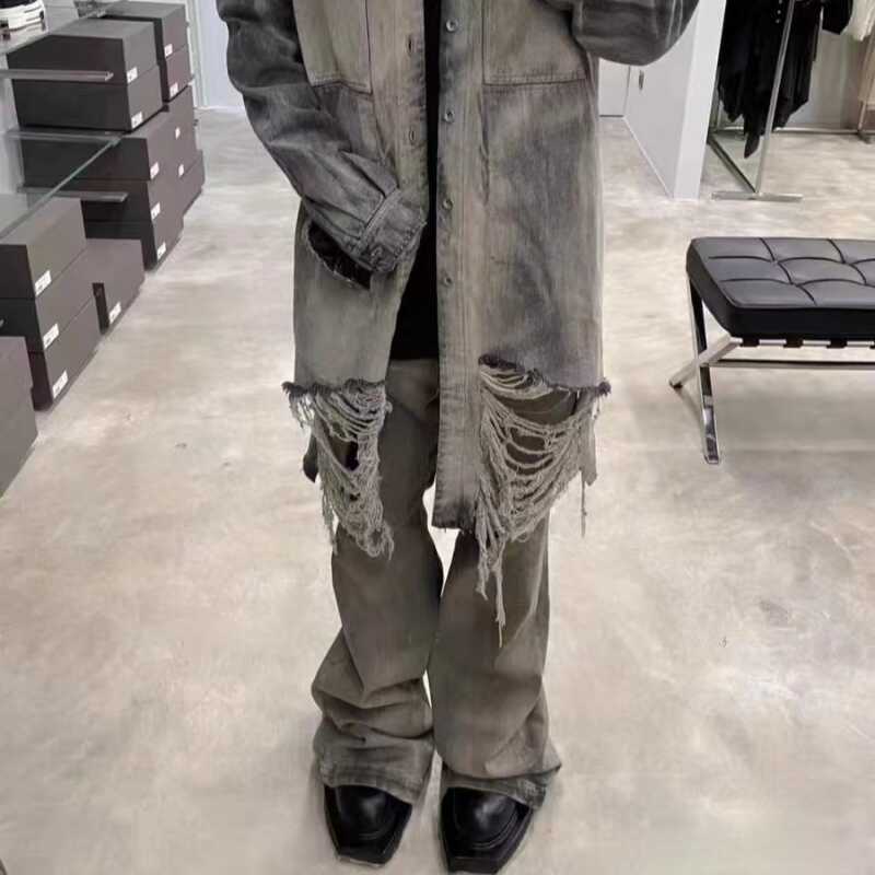 Rick Owens Men's Spring And Fall Do Old Desert Color Washed Flare Wide-leg Denim Pants Skinny Stacked Drag Ground Pleated Cat Whiskers Waste Soil Jeans Ngvp #2415