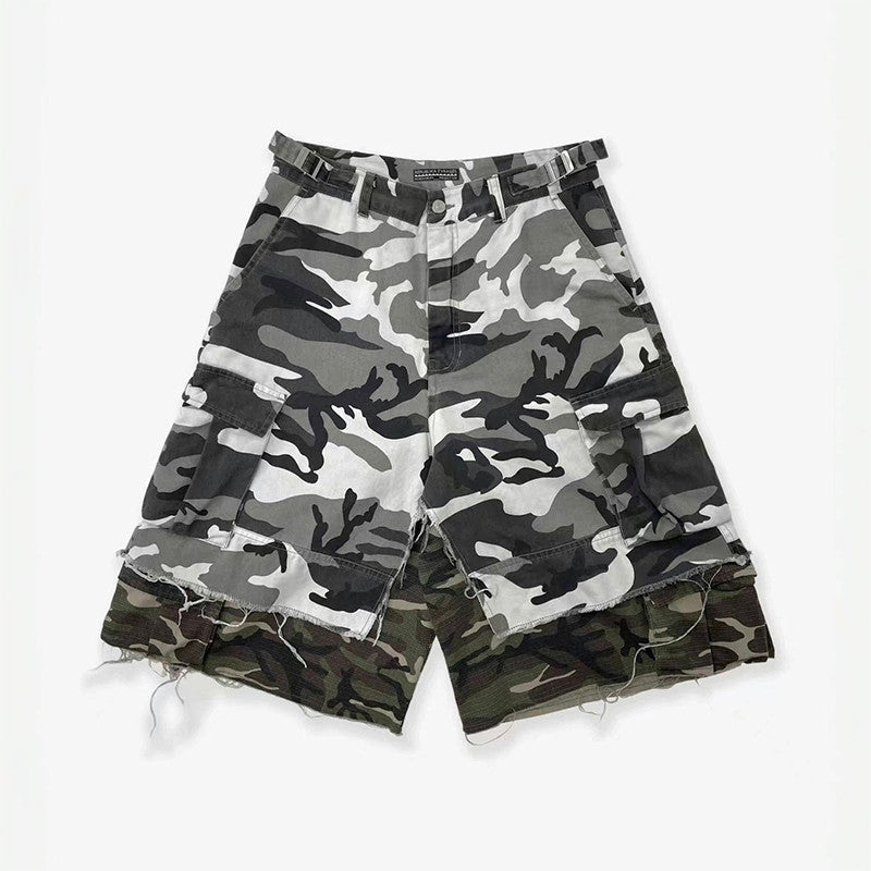 GRAILZ Project G/R Men's Summer Double Layer Camouflage Destruction Splicing Shorts Loose Do-Over Five Pants Ngvp #1919