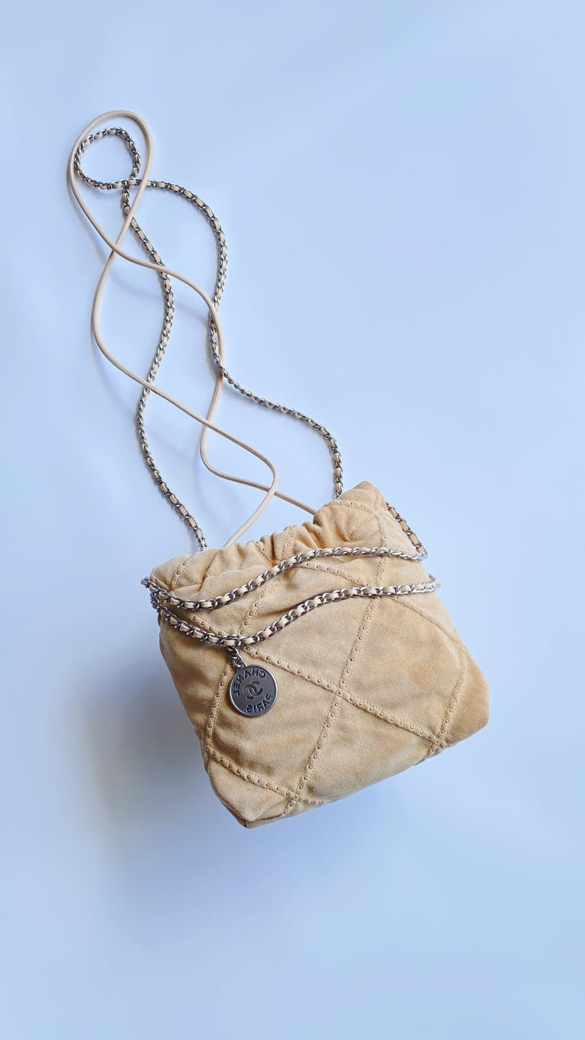 Chanel Suede Rivet Style 22 Bag Mini Antique Silver Buckle Italian Bonaudo Suede Calfskin Apricot Silver Buckle Women's Luxury Chain-strap Tote Bag Bags #81448