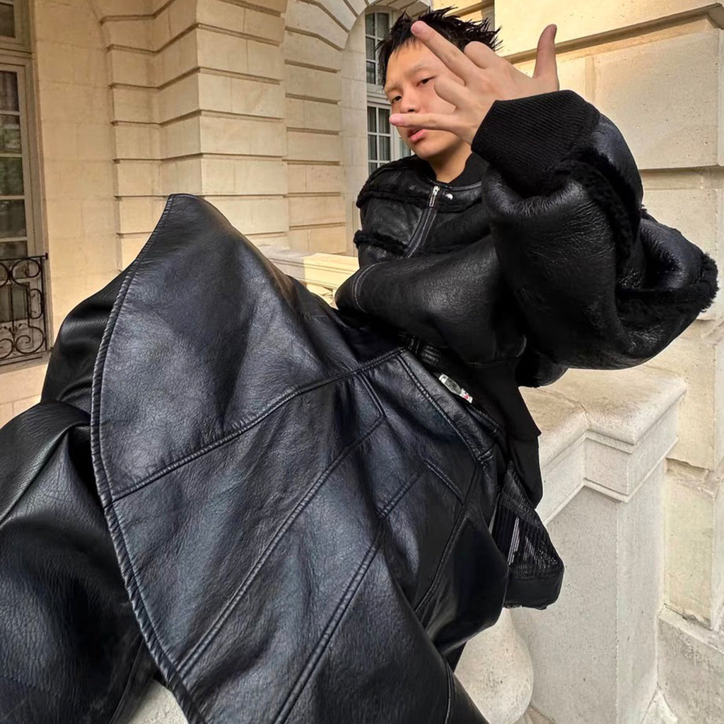 Rick Owens Ro Fur One Autumn And Winter New Fashion Splicing Leather Jacket Coat High Street Trend Hip Hop Dark Style Warm Coat Ngvp #9719