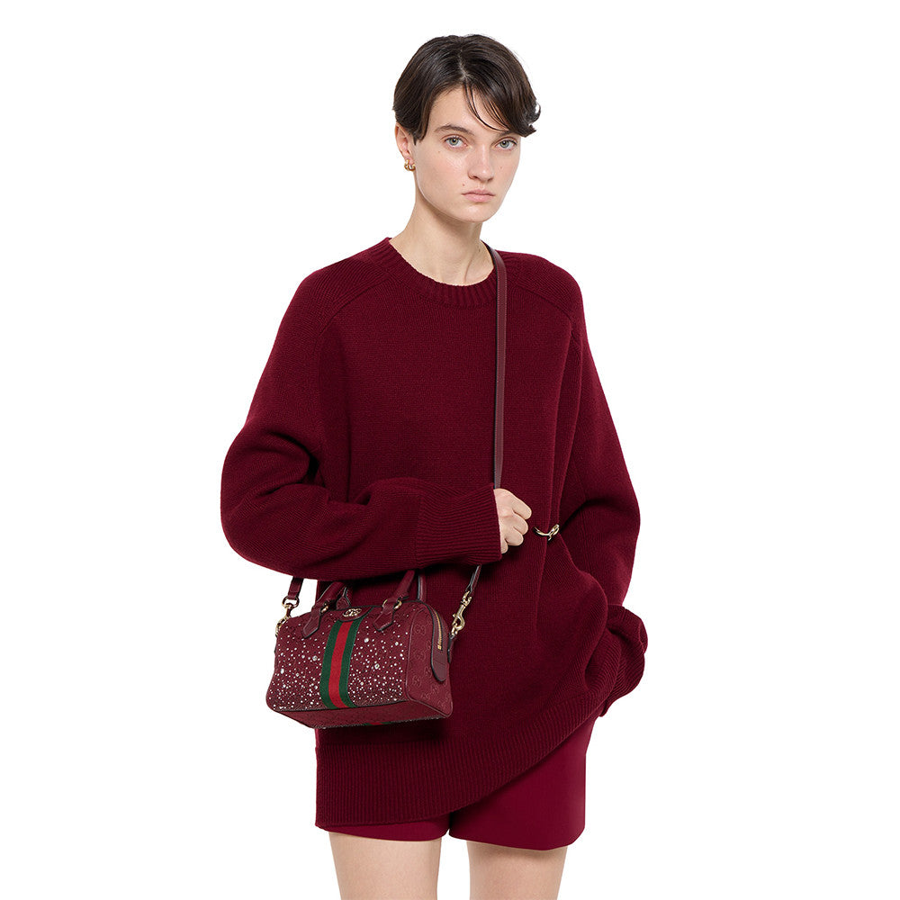 GUCCI Ophidia crystals small boston bag in Rosso Ancora red GG canvas #335872