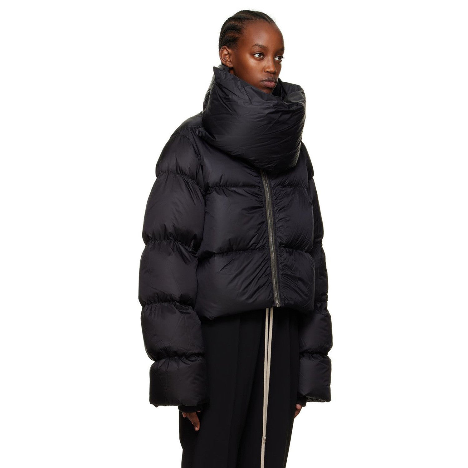 Rick Owens Men's Women's Fall And Winter Dark Windproof Scarf Down Jacket Thickened Warm Short Ultra-long-sleeved Zipper Down Jacket Ngvp #2494