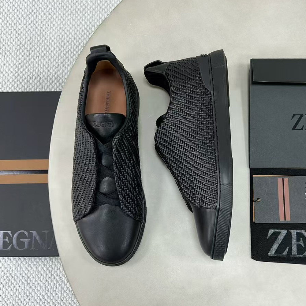 Ermenegildo Zegna Stitch Men's Solid Color Round Toe Slip-On Woven Leather Casual Skate Shoes #77926
