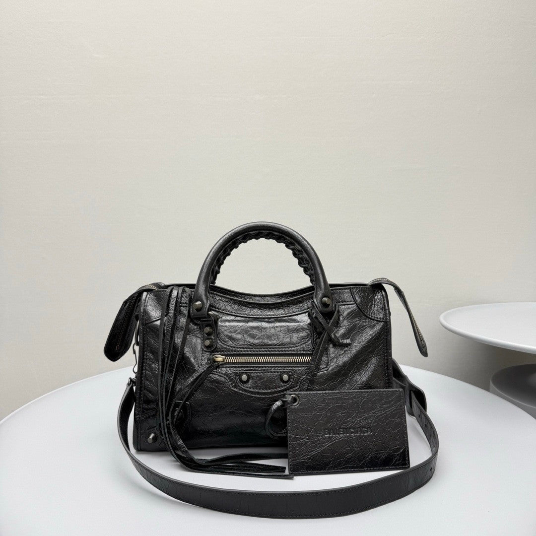 Balenciaga Le City Medium And Small Handbags Silver And Black Accents Imported Lambskin Biker Bag Riveted Tote Crossbody Bags #84168A