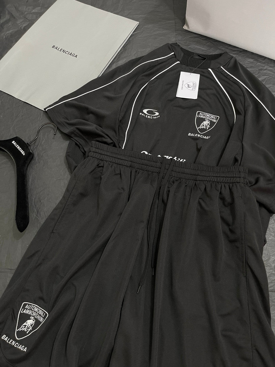 Balenciaga I Automobili Lamborghini Oversized Soccer Men's Summer Short Sleeved T-shirt In Black Mesh Jersey Casual Shorts Set Suit #77457