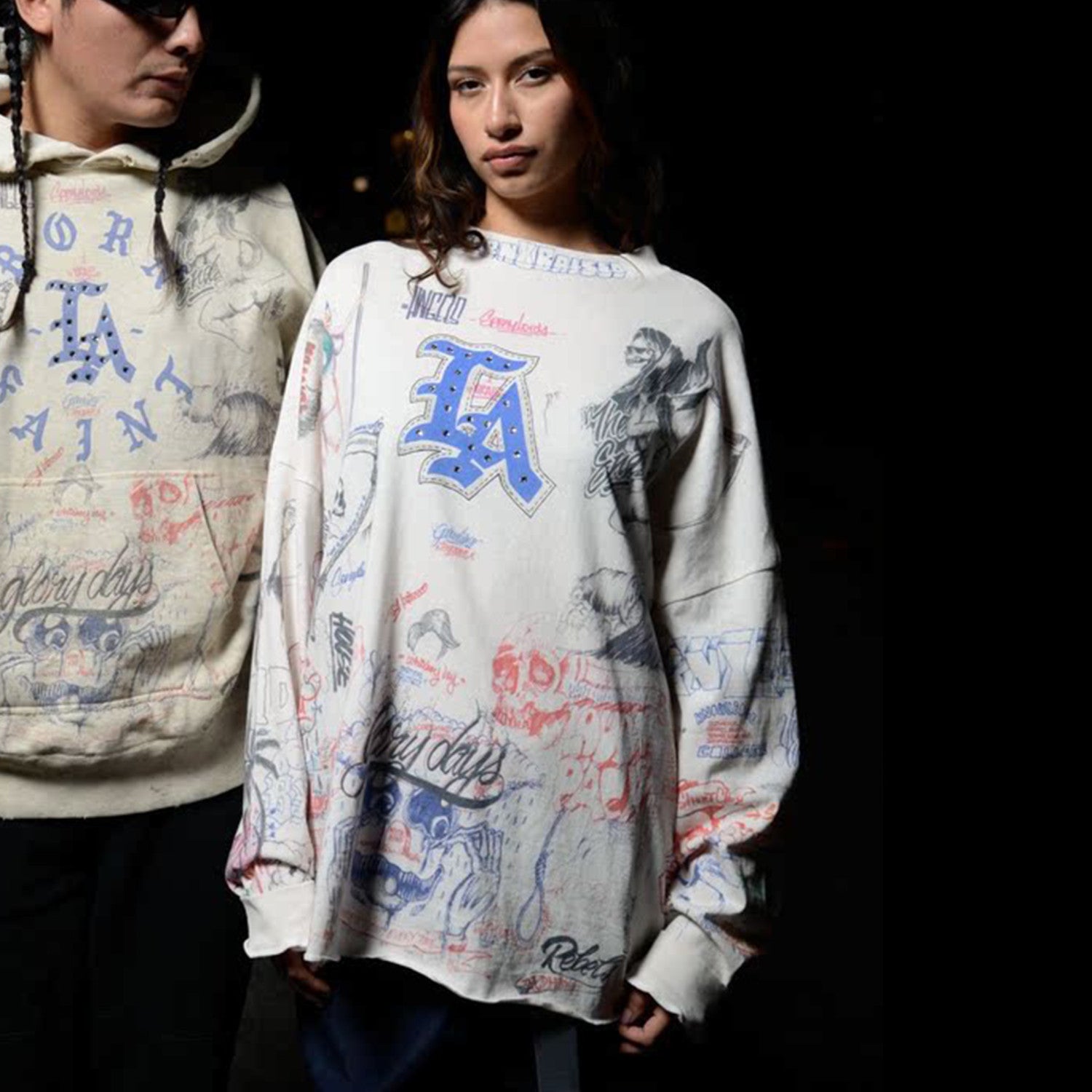 Saint Michael Men's And Women's Spring And Summer Graffiti Retro Hot Diamond Print Loose Casual Long Sleeved Hoodie Top Ngvp #8384