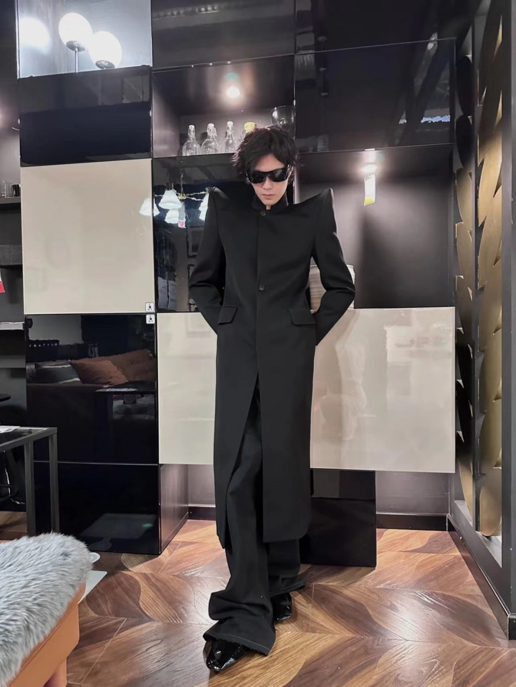 Rick Owens Men's Retro High Padded Shoulder Pointed Corner Suit Black Long Standing Lapel Fashion High Street Handsome Single Breasted Jacket #71991