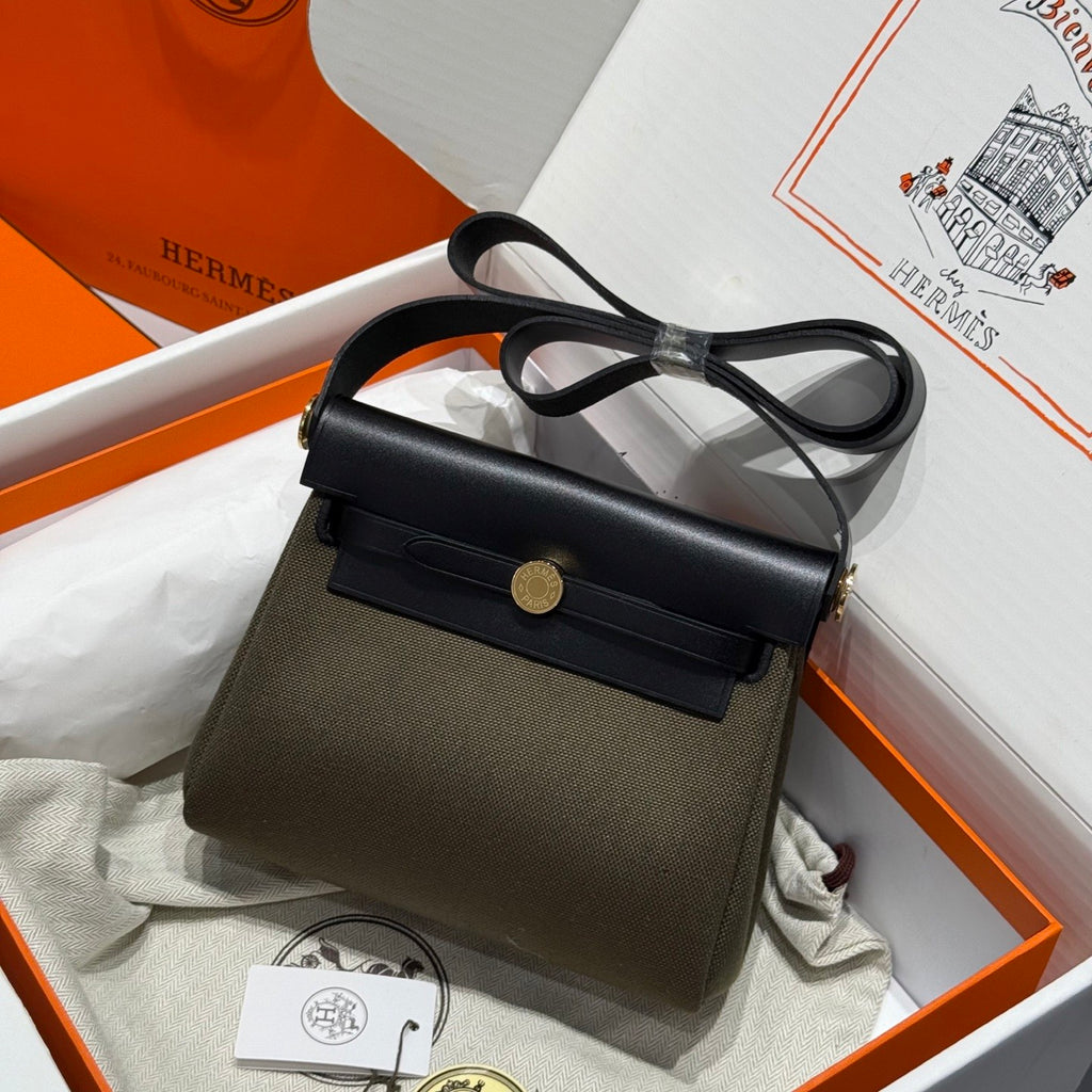 Hermes H -Mini Herbag Women's Color Blocking Metal Buckle Canvas and Cowhide Handbag Shoulder Satchel Bag Bags #76411