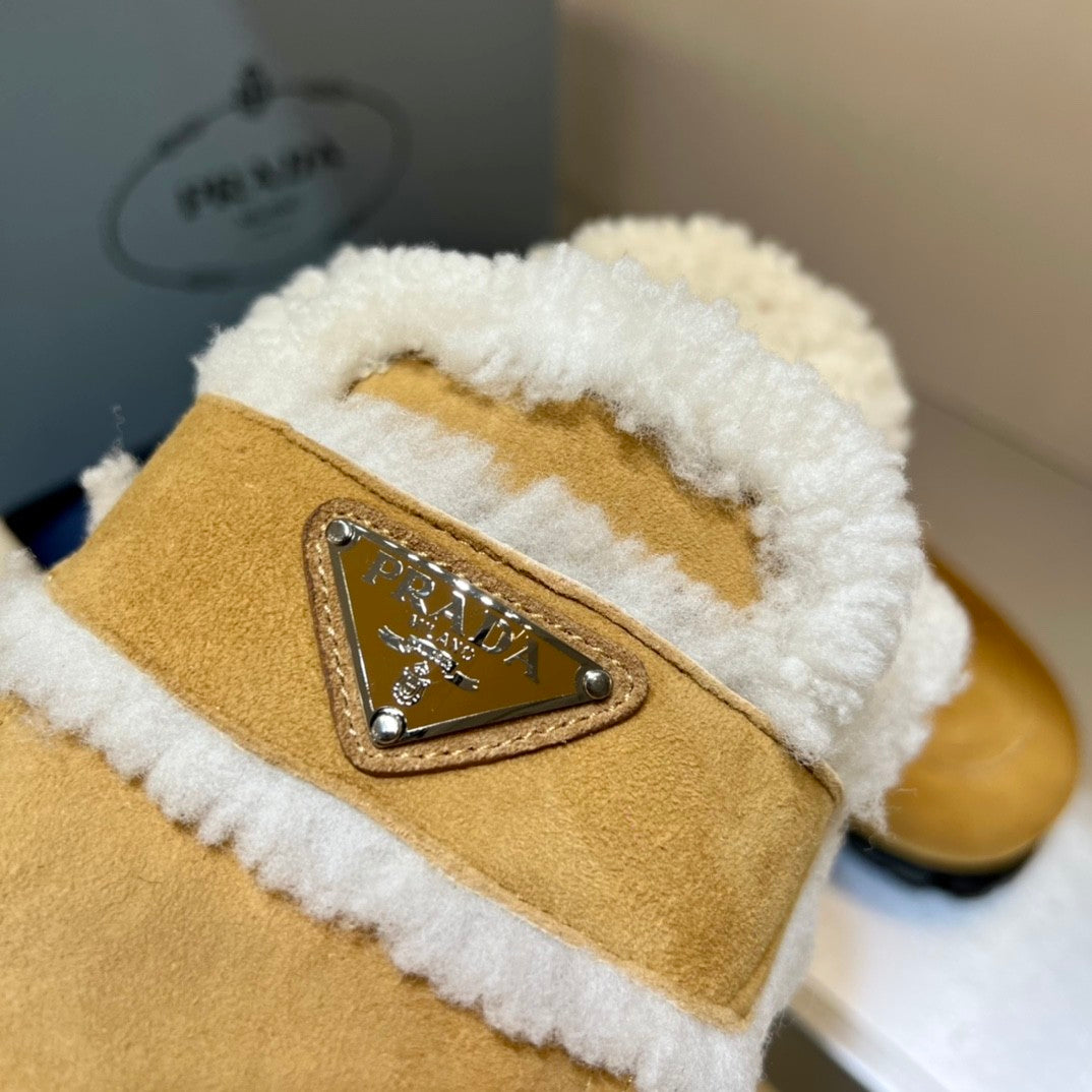 Prada Women's Fall/Winter Fashion Casual Round Toe Open Back Classic Logo Triangle Label Shearling Slippers Shoes #79521