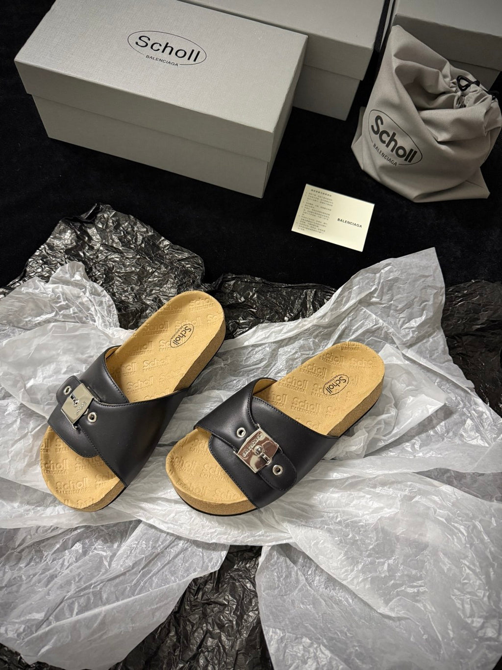 Balenciaga Scholl Men's and Women's Summer Black Cowhide Leather Flat Sandals Slippers Shoes #77655