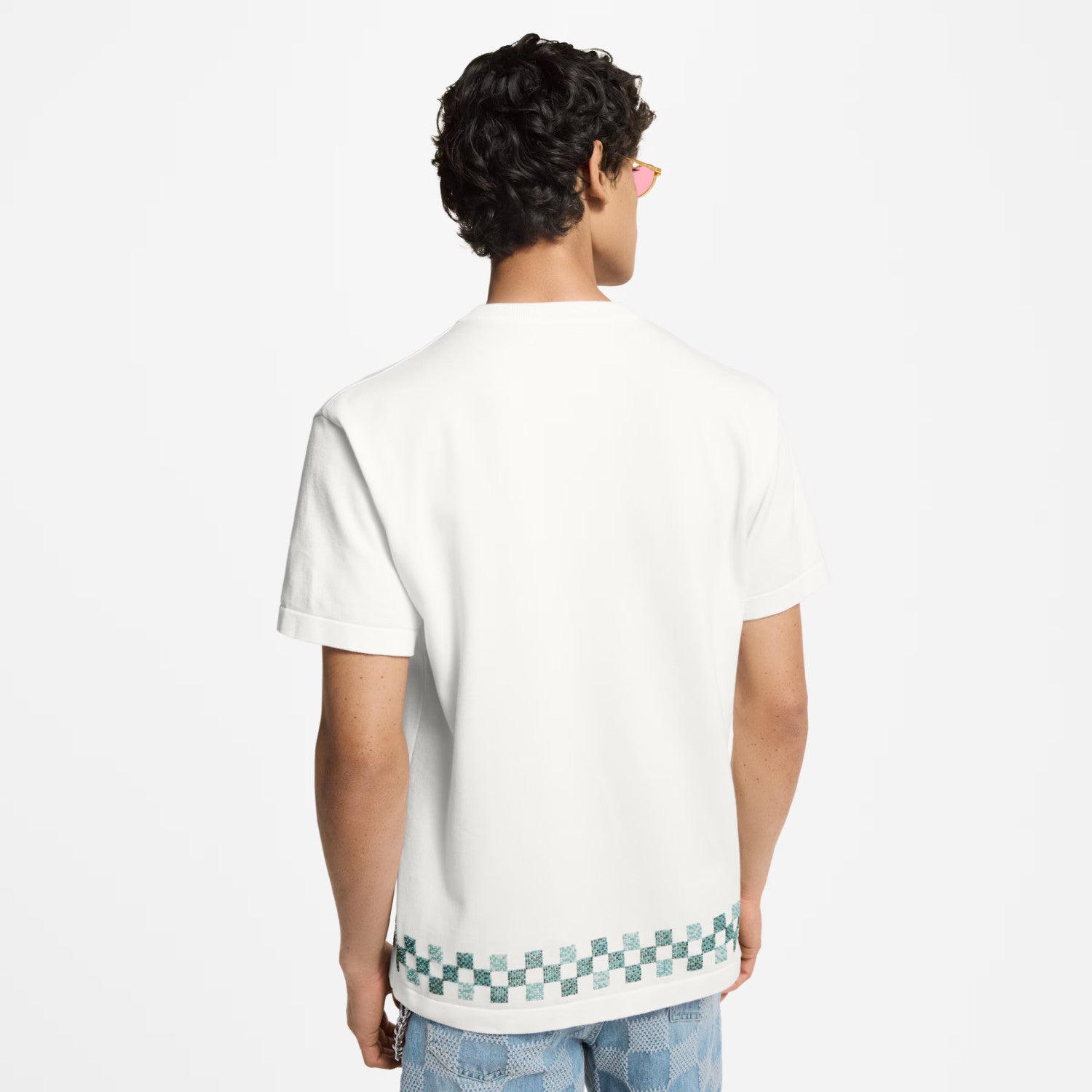 Louis Vuitton Men's Summer Hem Checkered Hot Drill Embroidery Fitted Cotton Short Sleeve Round Neck T-Shirt #81299