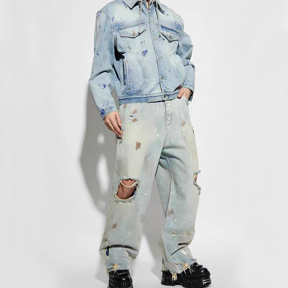 Vetements Men's Four Season Mid Rise Solid Color Distressed Holes Jeans Casual Cotton Loose Wide Leg Pants Ngvp #1211