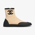CHANEL Short Boots Mixed Fibers Rubber Beige Black #387573