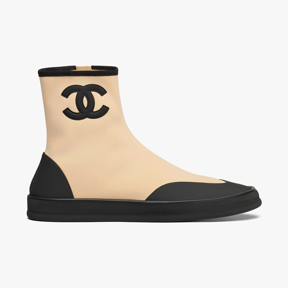 CHANEL Short Boots Mixed Fibers Rubber Beige Black #387573