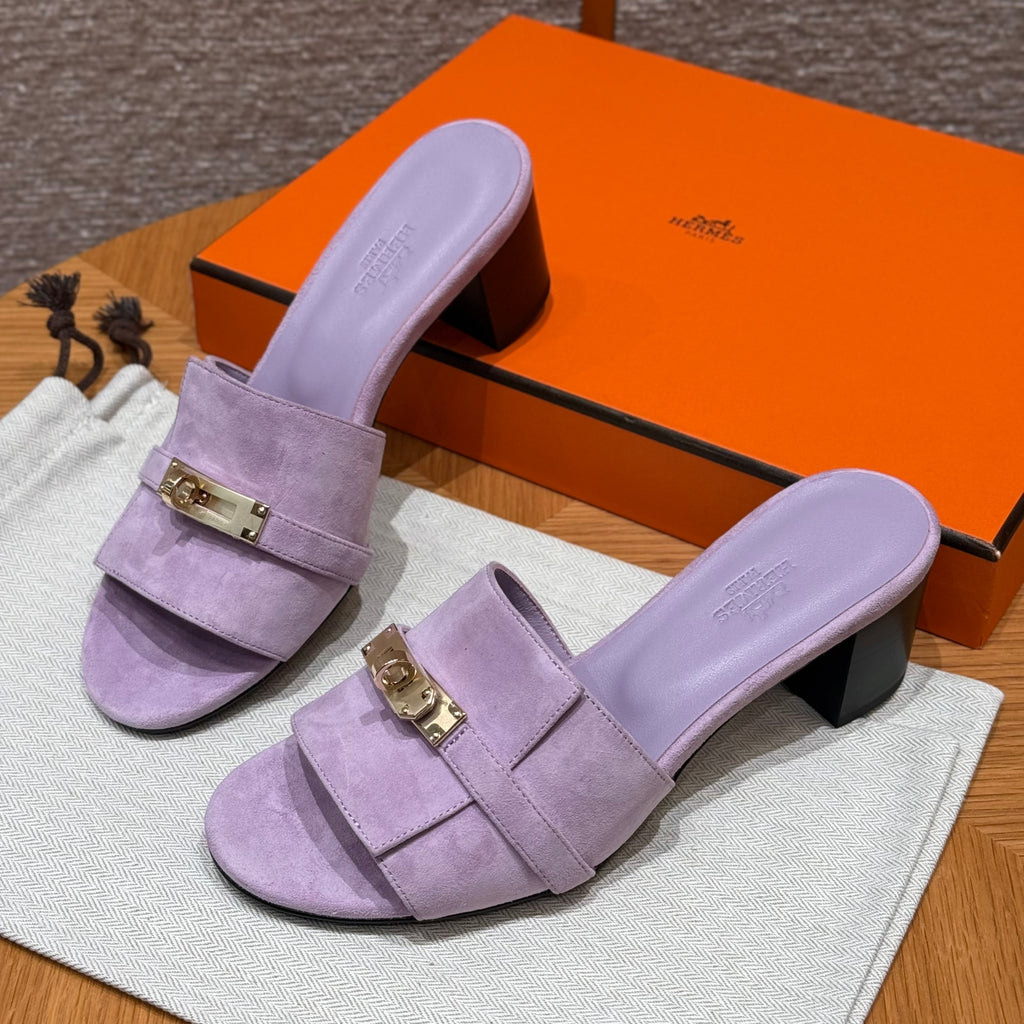 Hermes Gigi 50 Women's Summer Solid Color Metal Buckle Round Toe Suede Leather High Heel Sandals Shoes #77668