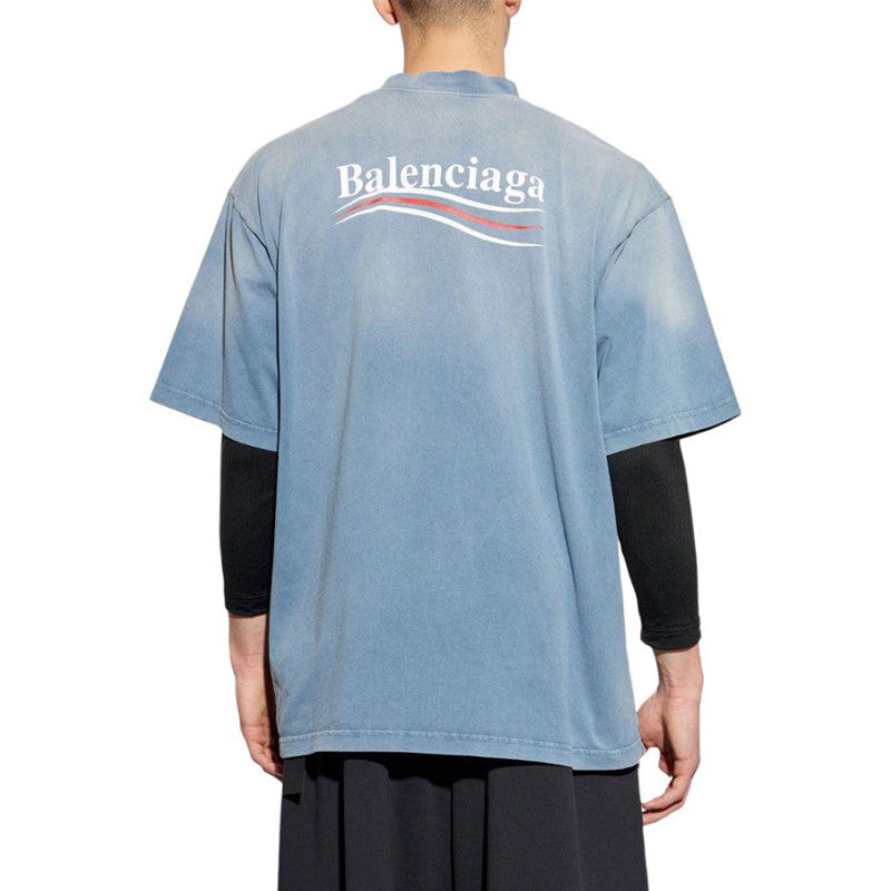 Balenciaga Men's Summer Half Turtleneck Cotton Washed Gradient Logo Print Short Sleeve Political Campaign T-Shirt #71898