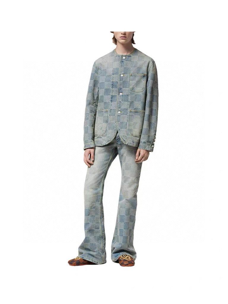 Louis Vuitton Men's Spring And Fall Fashion Plaid Denim Suit Gradient Wash Vintage Round Neck Jacket Casual Flared Pants Set #99297