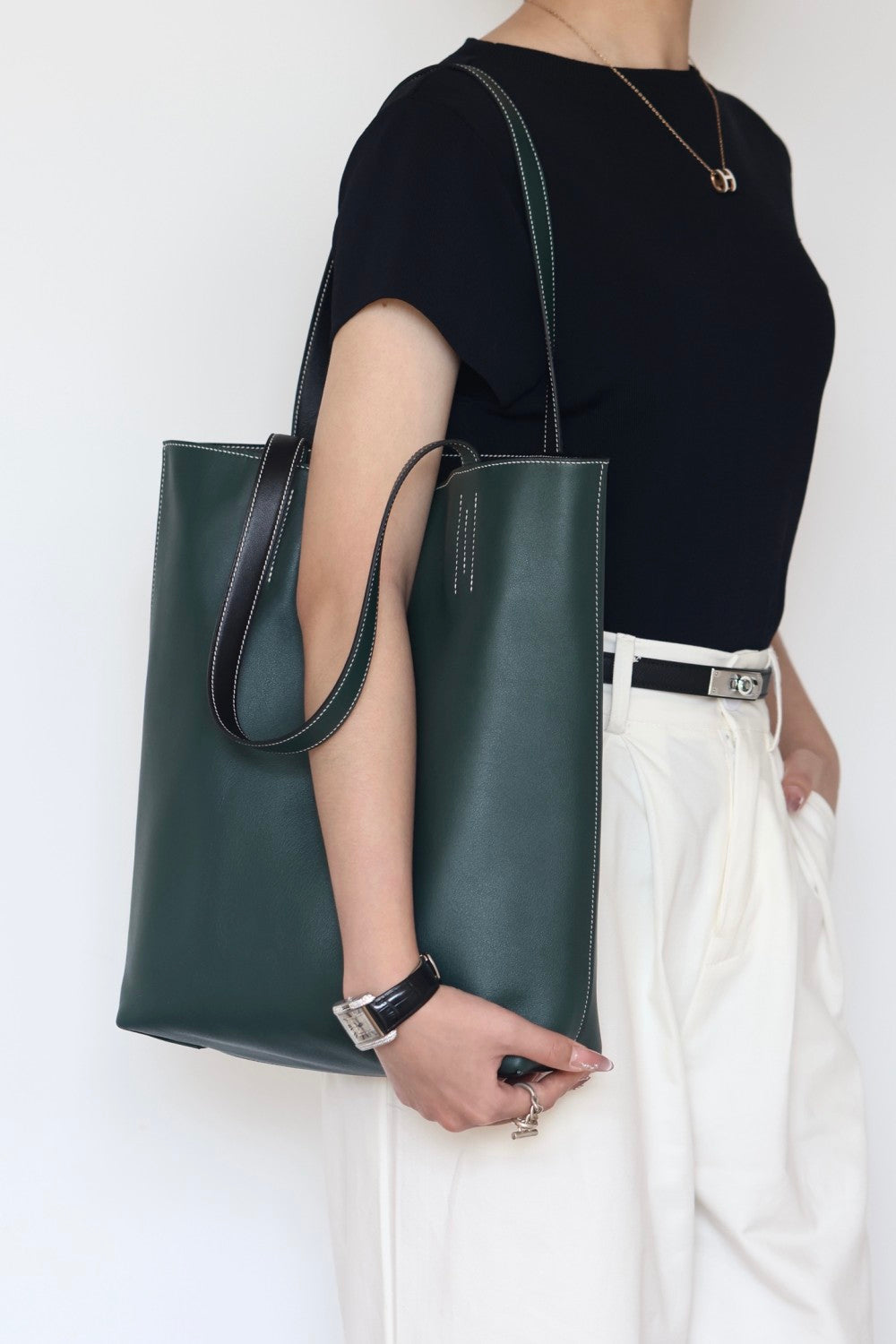 Hermes Women's Double Sensneo Calfskin Shoulder Bag Fashionable Color-Blocked Open Bag Double-Sided Tote Bag With Makeup Bag Bags Ngvp H086707CAAL #2277