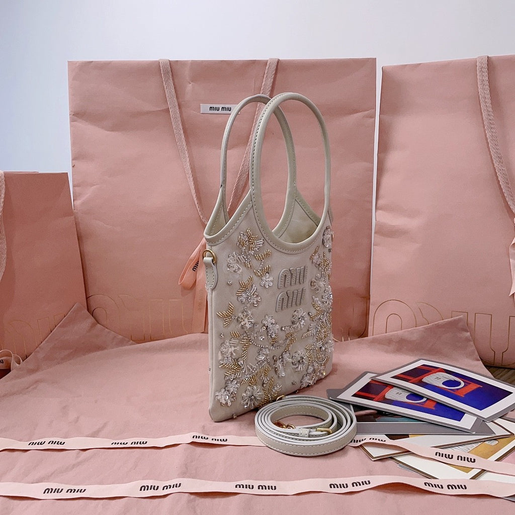 MiuMiu IVY Women's Solid Colour Floral Embroidery Steel Hardware Accessories Cotton Shoulder Crossbody Handbag Bag Bags #76742