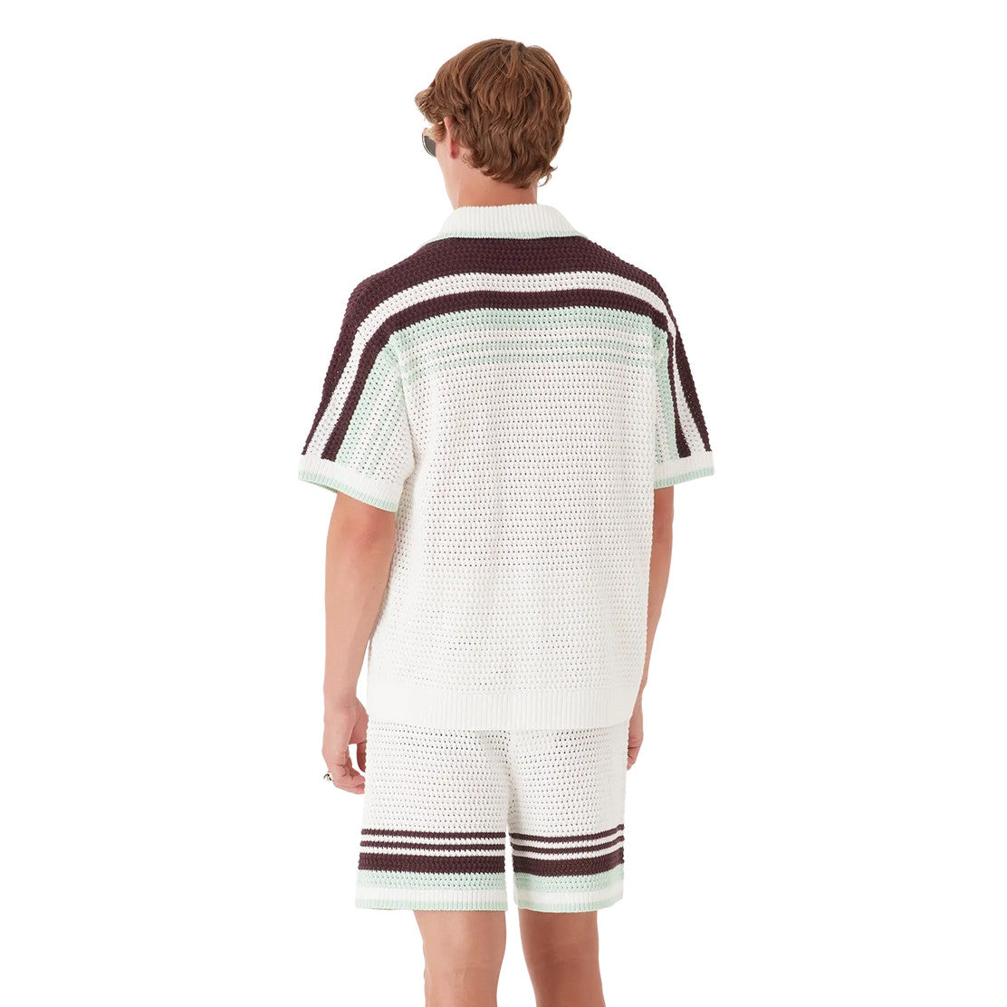 Casablanca Men's Summer Fashion Casual V-Neck Single Button Knit Striped Sweater Shirt with Elastic Drawstring Waist Knit Striped Shorts Suit Set #78593
