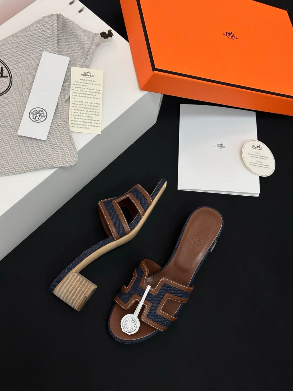 Hermès High-heeled Denim Patchwork Slippers #385101